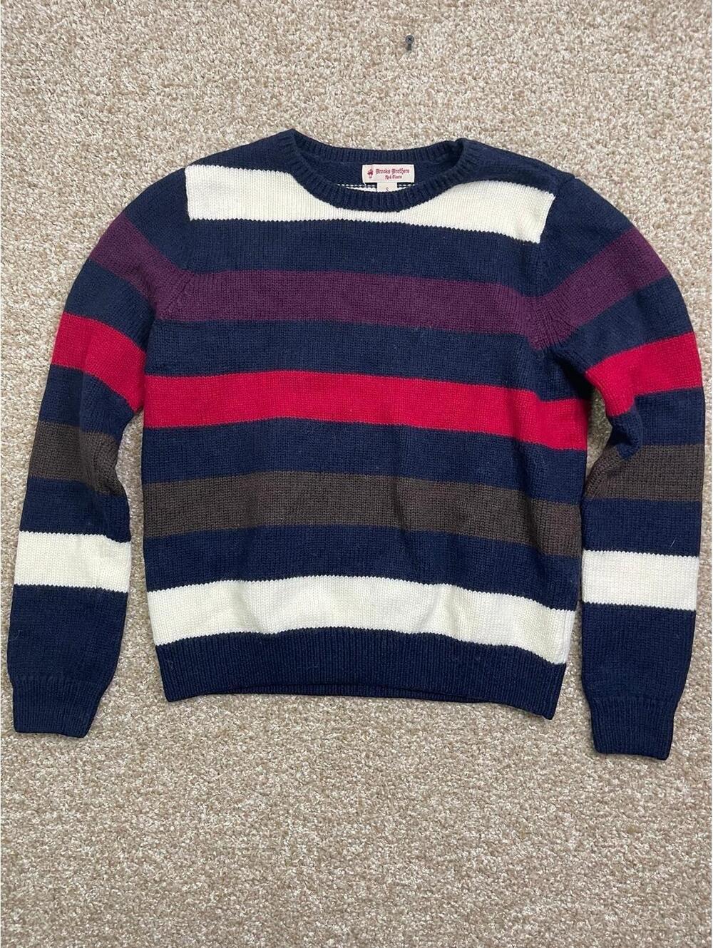 Brooks Brothers Vintage Red Fleece Sweater Striped Small S 100% Merino Wool